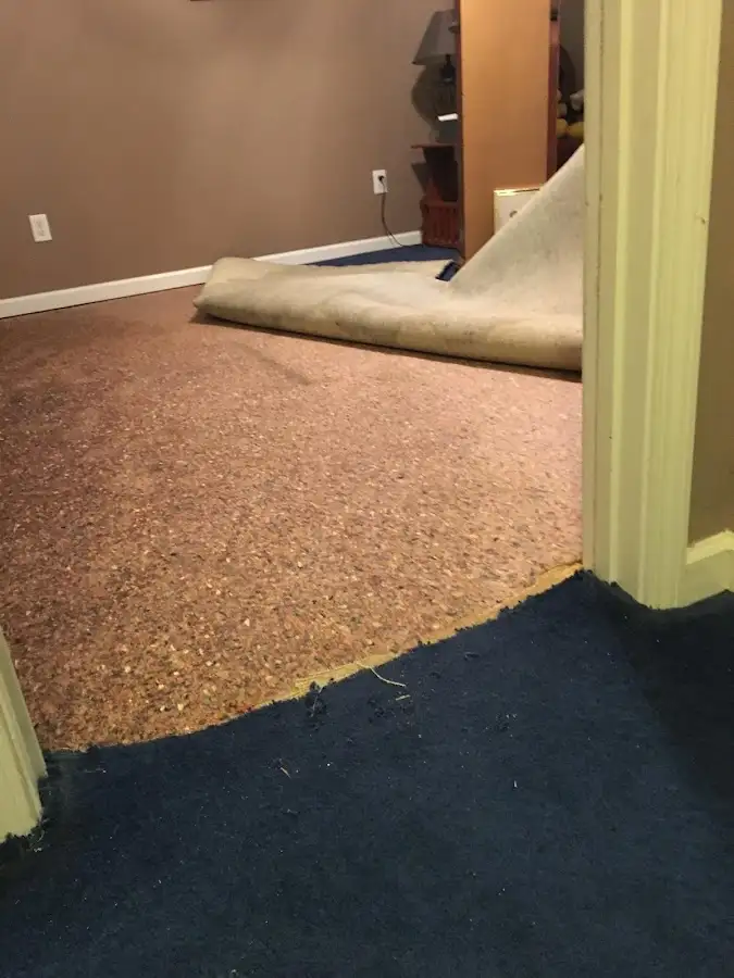 Carpet pad removal revealing water damage during Water Mitigation Services in Upland